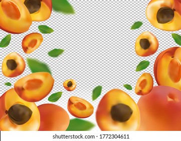 Apricot background. Fresh apricot with green leaf on transparent background. Flying apricot are whole and cut in half. Falling apricot from different angles. Nature product. Vector illustration