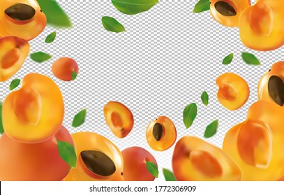 Apricot background. Fresh apricot with green leaf on transparent background. Flying apricot are whole and cut in half. Falling apricot from different angles. Nature product. Vector illustration