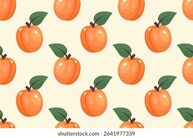 Apricot background. Fruit Seamless pattern. Whole Ripe apricot with green leaf. Repeatable texture with fresh juicy vitamin. Vector illustration for wallpaper, textile, print, packaging