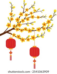 Decoração De Ramificação De Flores De Damasco Para Férias De Ano Novo. Ilustração de ano novo lunar da China