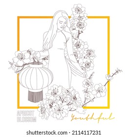 Apricot blossom flower. Happy women's day. Flowers drawing line art concept. Woman Illustration.