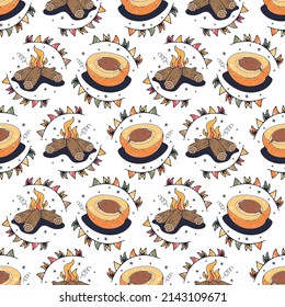 Apricot and Campfire. Seamless pattern on a white background. Cute vector illustration.