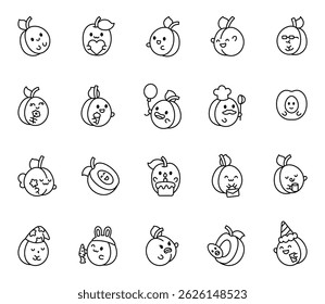 Apricot cartoon characters in kawaii style smiling celebrating eating drinking reading sleeping holding hearts balloons flowers and wearing hats and costumes