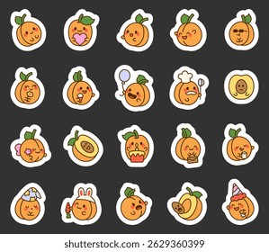 Apricot cartoon characters in kawaii style smiling celebrating eating drinking reading sleeping holding hearts balloons flowers and wearing hats and costumes