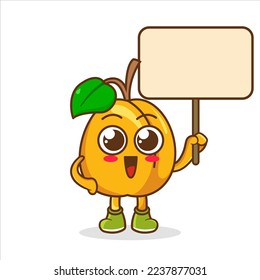 Apricot cartoon mascot character holding a board sign message