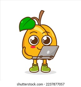 Apricot cartoon mascot character working with laptop