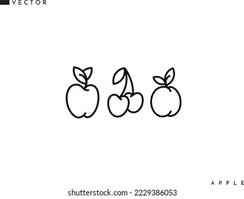 Apricot cherry and apple. Outline style. Isolated fruit on white background. Natural food icon