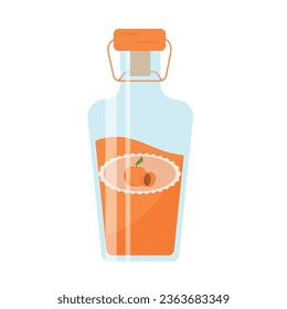 Apricot compote in a glass bottle. Compote in a bottle with a label with an apricot on it. Fruit compote. Preparations for the winter. Vector illustration.