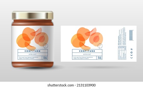 Apricot confiture. Sweet jam. Transparent slices, halves and cut fruits. Label and packaging simple design.