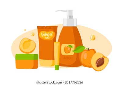 Apricot cosmetics. Whole and sliced ripe apricot fruit, cream or scrub, shampoo or lotion jar and tubes. Body, facial skin, hair care. Packaging Design, ads poster. Cartoon vector illustration