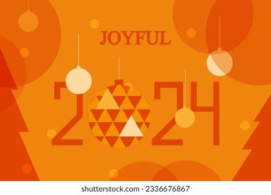 Apricot crush Merry Christmas and Happy New Year banner, greeting card, poster, holiday cover. Modern Xmas design in geometric style with triangle pattern,  Christmas ball and 2024 number. Vector Art 