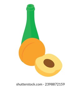 Apricot drink icon isometric vector. Ripe fresh apricot and open glass bottle. Food and beverage concept