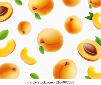 Apricot fall background. Realistic apricot with green leaf on transparent background Flying. blur effect. Vector