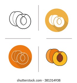 Apricot flat design, linear and color icons set. Apricot fruit in different styles. Halved apricot icons. Long shadow logo concept. Isolated vector apricot illustrations. Infographic elements