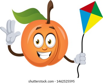 Apricot with flying kite, illustration, vector on white background.