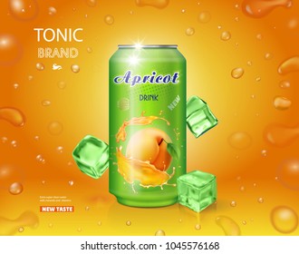 Apricot fruit drink in a can advertising poster design with bubbles