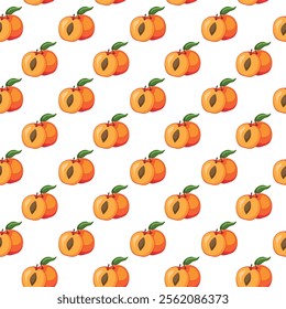 Apricot fruit flat seamless pattern on white background. Wrapping paper, gift card, poster, banner design. Home decor, modern textile print. Summer bright geometric fruits patterned.