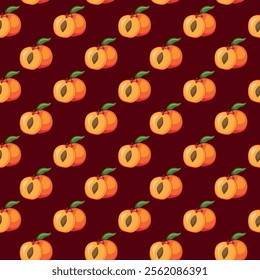 Apricot fruit flat seamless pattern on red background. Wrapping paper, gift card, poster, banner design. Home decor, modern textile print. Summer bright geometric fruits patterned.