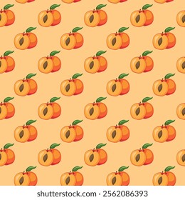 Apricot fruit flat seamless pattern on orange background. Wrapping paper, gift card, poster, banner design. Home decor, modern textile print. Summer bright geometric fruits patterned.