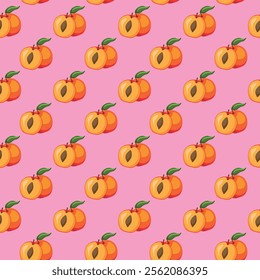 Apricot fruit flat seamless pattern on pink background. Wrapping paper, gift card, poster, banner design. Home decor, modern textile print. Summer bright geometric fruits patterned.