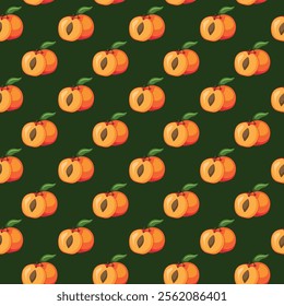 Apricot fruit flat seamless pattern on green background. Wrapping paper, gift card, poster, banner design. Home decor, modern textile print. Summer bright geometric fruits patterned.