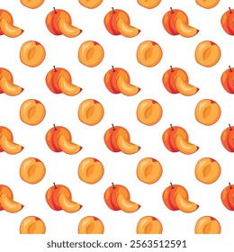 Apricot fruit flat seamless pattern on white background. Wrapping paper, gift card, poster, banner design. Home decor, modern textile print. Summer bright geometric fruits patterned.