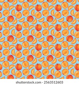 Apricot fruit flat seamless pattern on blue background. Wrapping paper, gift card, poster, banner design. Home decor, modern textile print. Summer bright geometric fruits patterned.