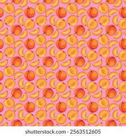 Apricot fruit flat seamless pattern on pink background. Wrapping paper, gift card, poster, banner design. Home decor, modern textile print. Summer bright geometric fruits patterned.