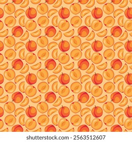 Apricot fruit flat seamless pattern on orange background. Wrapping paper, gift card, poster, banner design. Home decor, modern textile print. Summer bright geometric fruits patterned.