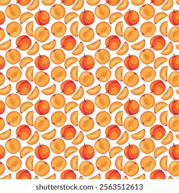 Apricot fruit flat seamless pattern on white background. Wrapping paper, gift card, poster, banner design. Home decor, modern textile print. Summer bright geometric fruits patterned.