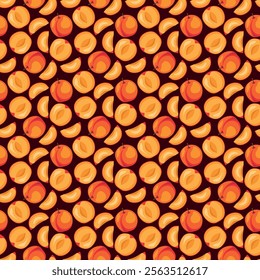 Apricot fruit flat seamless pattern on brown background. Wrapping paper, gift card, poster, banner design. Home decor, modern textile print. Summer bright geometric fruits patterned.