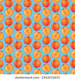 Apricot fruit flat seamless pattern on blue background. Wrapping paper, gift card, poster, banner design. Home decor, modern textile print. Summer bright geometric fruits patterned.