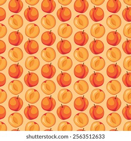 Apricot fruit flat seamless pattern on orange background. Wrapping paper, gift card, poster, banner design. Home decor, modern textile print. Summer bright geometric fruits patterned.