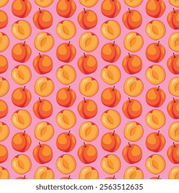 Apricot fruit flat seamless pattern on pink background. Wrapping paper, gift card, poster, banner design. Home decor, modern textile print. Summer bright geometric fruits patterned.