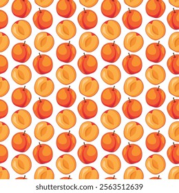 Apricot fruit flat seamless pattern on white background. Wrapping paper, gift card, poster, banner design. Home decor, modern textile print. Summer bright geometric fruits patterned.