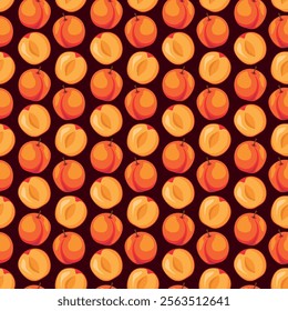 Apricot fruit flat seamless pattern on brown background. Wrapping paper, gift card, poster, banner design. Home decor, modern textile print. Summer bright geometric fruits patterned.