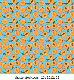 Apricot fruit flat seamless pattern on blue background. Wrapping paper, gift card, poster, banner design. Home decor, modern textile print. Summer bright geometric fruits patterned.