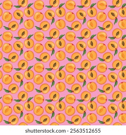 Apricot fruit flat seamless pattern on pink background. Wrapping paper, gift card, poster, banner design. Home decor, modern textile print. Summer bright geometric fruits patterned.