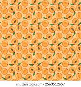 Apricot fruit flat seamless pattern on orange background. Wrapping paper, gift card, poster, banner design. Home decor, modern textile print. Summer bright geometric fruits patterned.