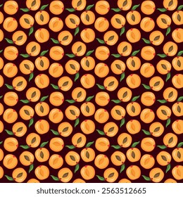 Apricot fruit flat seamless pattern on brown background. Wrapping paper, gift card, poster, banner design. Home decor, modern textile print. Summer bright geometric fruits patterned.