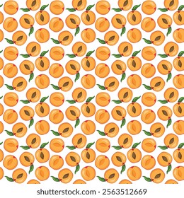 Apricot fruit flat seamless pattern on white background. Wrapping paper, gift card, poster, banner design. Home decor, modern textile print. Summer bright geometric fruits patterned.