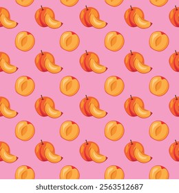 Apricot fruit flat seamless pattern on pink background. Wrapping paper, gift card, poster, banner design. Home decor, modern textile print. Summer bright geometric fruits patterned.