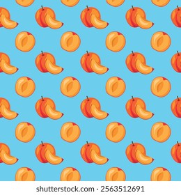 Apricot fruit flat seamless pattern on blue background. Wrapping paper, gift card, poster, banner design. Home decor, modern textile print. Summer bright geometric fruits patterned.