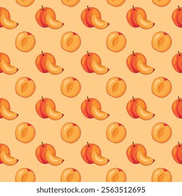 Apricot fruit flat seamless pattern on orange background. Wrapping paper, gift card, poster, banner design. Home decor, modern textile print. Summer bright geometric fruits patterned.