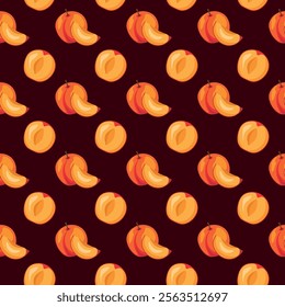 Apricot fruit flat seamless pattern on brown background. Wrapping paper, gift card, poster, banner design. Home decor, modern textile print. Summer bright geometric fruits patterned.