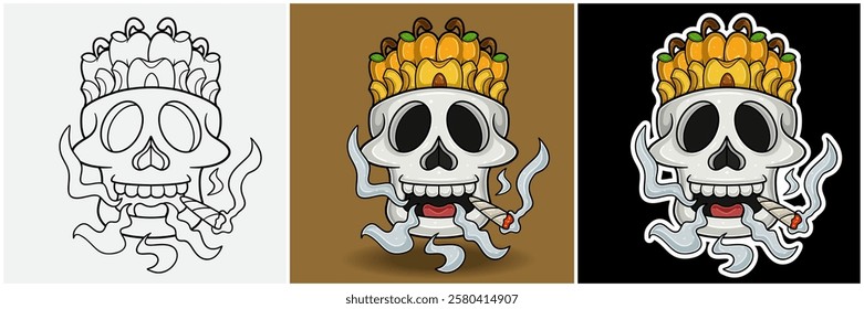 Apricot Fruit Inside Skull Head With Smoking Character Cartoon. Black White, Colorful and Sticker Style. For T shirt print, Brand Logo, Label and Mascot product. Vectors Illustrations