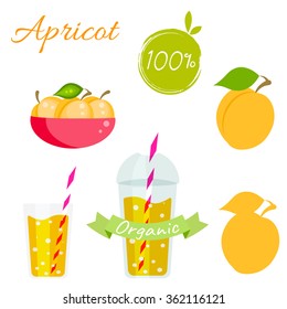 Apricot Fruit And Juice Cup To Go Vector Set. Fruit With Leaf In Bowl. Apricot Juice Or Jam Branding Set, Silhouette For Package.