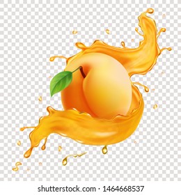 Apricot fruit in juice splash. Realistic illustration icon.