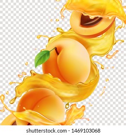 Apricot fruit in realistic juice splash illustration.