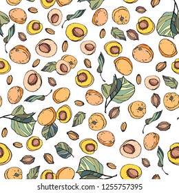 Apricot fruit seamless background, isolated objects, hand graphics, interesting design